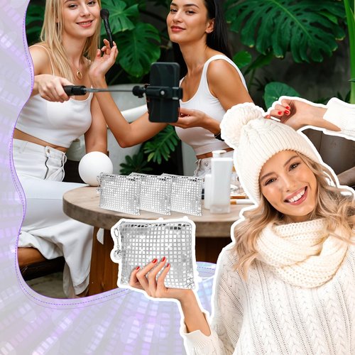 16 Pack Disco Makeup Bags with Zipper Disco Party Favors Silver Glitter Sequin Mirror Cosmetic Bags for Bachelorette Bridal Shower Wedding 70s 80s 90s Disco Ball Party Favors