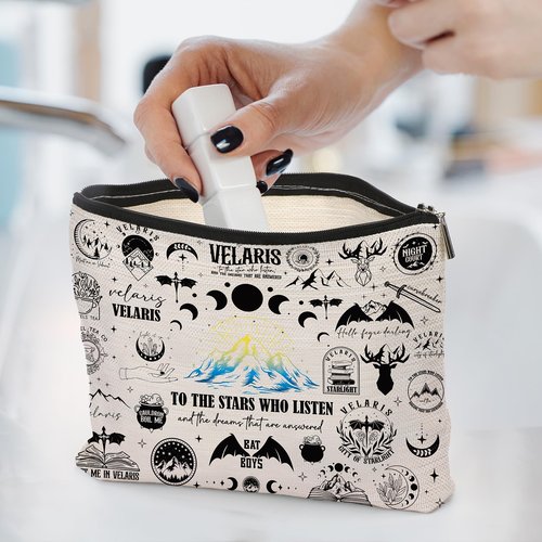 VeloKomo ACOTAR Gifts Makeup Bag - Reusable Organizer Bags Fantasy Birthday Gift for Girls Women Bookish Friend Novel Lover Fan Merch Cosmetic Pouch With Zipper Goth Night Moon Star Starry Print Case