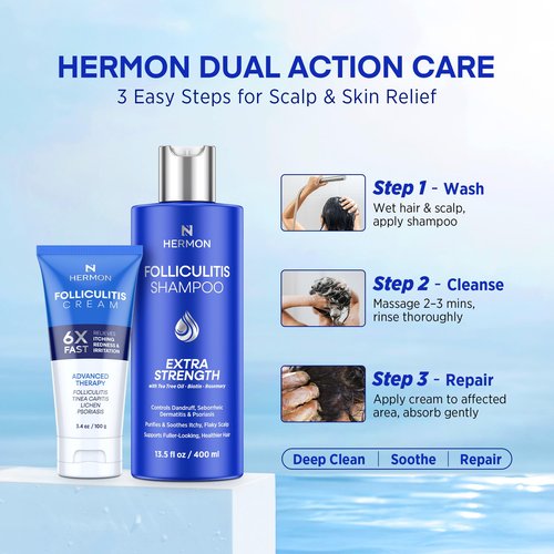 Hermon Folliculitis Treatment Kit – Shampoo & Cream Combo for Scalp, Body & Intimate Areas – Soothes Itch, Clears Acne Bumps, Fights Fungal Infections & Razor Bumps – For Men & Women