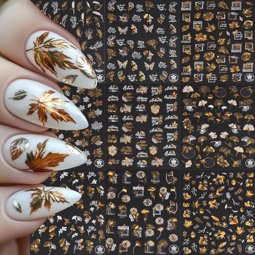 9 Sheets Fall Nail Art Stickers Maple Leaf Nail Decals Flower Tree Nail Design Decals 3D Self-Adhesive Glitter Gold Nail Stickers Thanksgiving Holiday Nail Art Decoration for Women Manicure Tips