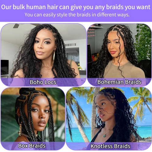 Human Braiding Hair for Boho Braids Human Hair 3 Bundles/Pack 110g 14 Inch Deep Wave Bulk Human Hair for Braiding Curly Knotless 12A Brazilian Virgin Ombre Balayage