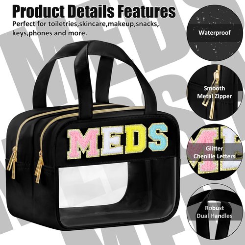 BuyCard Chenille Letter Clear Medicine Makeup Bag for Travel, Preppy Patch Nylon Cosmetic Meds Pouch with Handles and Zipper, Waterproof Large Travel Toiletry Bag Storage Case for Women Black
