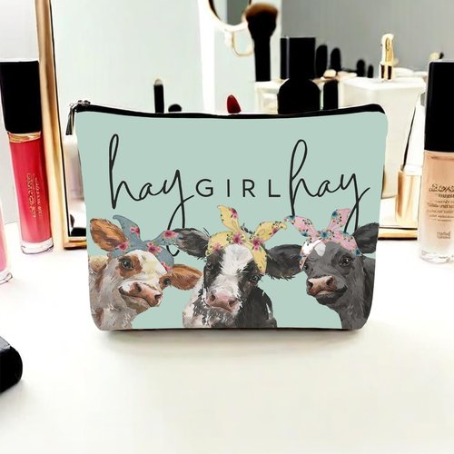 NEGIGA Cow Print Stuff,Cow Makeup Bag,Cow Gifts,Western Makeup Bag,Makeup Bags For Women,Cow Print(Green Pu Leather Cosmetic Bag)