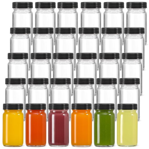 30 Pack 2 oz Glass Shot Bottles w/ Black Lids & 30 Labels - Small Clear Jar for Ginger, Wellness Shot, Juice, Sample, Whiskey - Travel Essentials Mini Bottles - Wide Mouth, Leakproof, Dishwasher Safe
