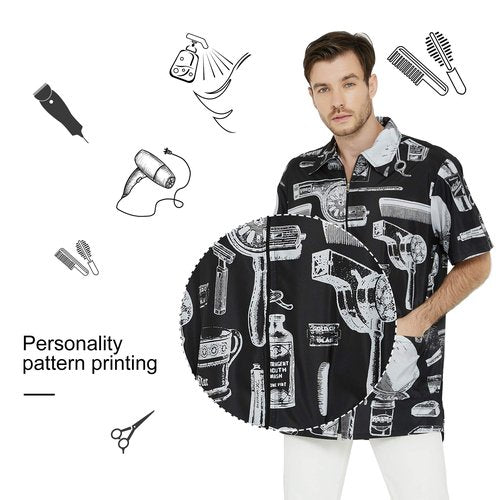 Men’s Barber Jacket and Vintage Print Stylist Grooming Smock- Professional Hair Dressing Apparel in Black