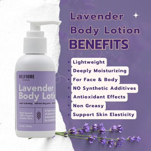 Belfiore Herbal 100% Natural Lavender Body Lotion | Organic Plant Extracts | Calming, Hydrating & Moisturizing | Vegan, Non-GMO | Made in The USA | 4 oz