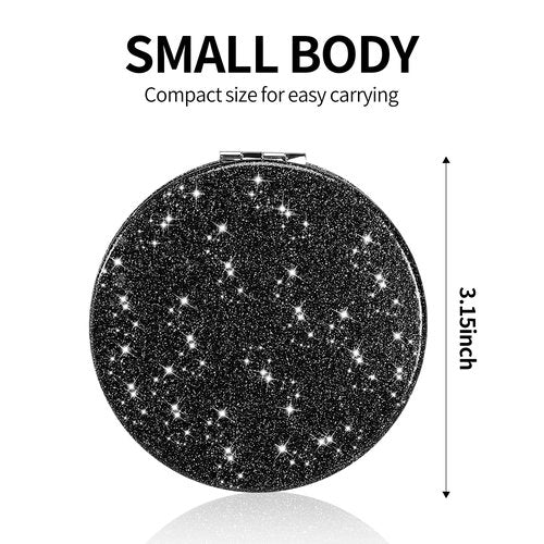 Dynippy Compact Mirror 3.15 inch Double-Sided 1X/2X Magnifying Bulk Pu Leather Makeup Mirrors Round Mirror for Purses Small Pocket Portable Hand Mirror (1, Bling Black, 3.15 * 3.15 inch)