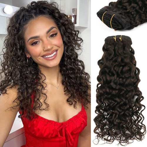 Yuniffe Natural Wavy Clip in Hair Extensions Remy Human Hair Dark Brown Natural Curly Hair Extensions 14 Inch 120g Double Weft Curly Hair Clip in Extensions Full Head Wavy Curly Human Hair #2