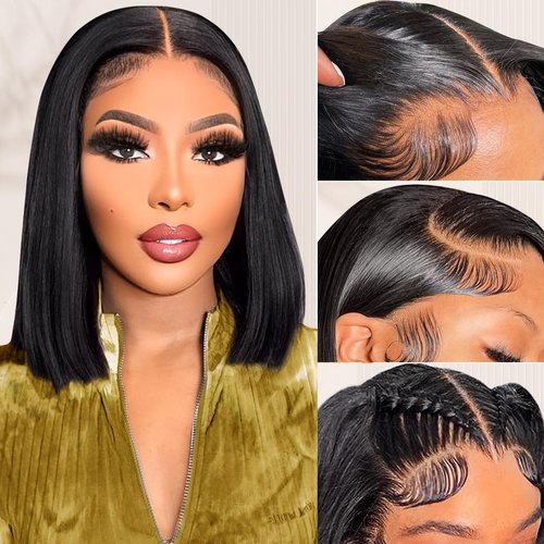 Iridescent Lace Front Bob Wigs Human Hair 13x4 HD Lace Glueless Bob Wig Human Hair Short Straight Frontal Bob Wigs for Black Women Pre Plucked with Baby Hair Natural Color 180% Density 10 Inch
