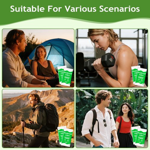 Travel Deodorant Body Shower Wipes Deodorizing Bathing Wipes, Disposable No Rinse Adults Women Men Individually Wrapped Underarm Sweat Antiperspirant Bath Wipe for Travel Camping Gym (Green, 200 Pack)