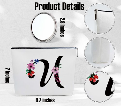 Make Up Bags for Women, Personalized Letter U Makeup Bag with Mirror, Initial Canvas Bag Cosmetic Travel Bags Toiletry Pouch Gift for Girls, Wedding Birthday Gifts for Sister Mom Friends Female(U)