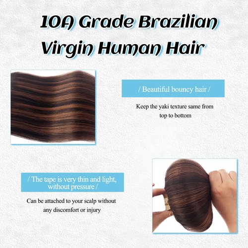 Balayage Yaki Tape in Hair Extensions Human Hair, Light Yaki Straight Tape ins Human Hair Extensions for Black Women 14 Inch Natural Black with Chocolate Brown Highlight Remy Extension with Dark Roots