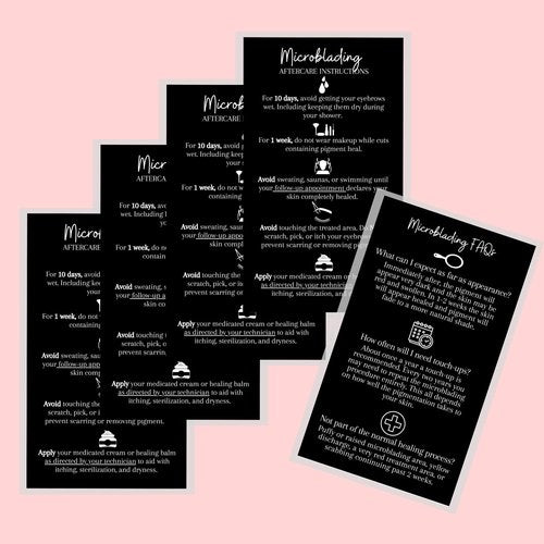 Microblading Aftercare Cards | 50 Pack | Size 3.5 x 2" inches | Disposable FAQ Microblade Printed Certified Recommended Care Instructions | PMU Black with White Icons Design