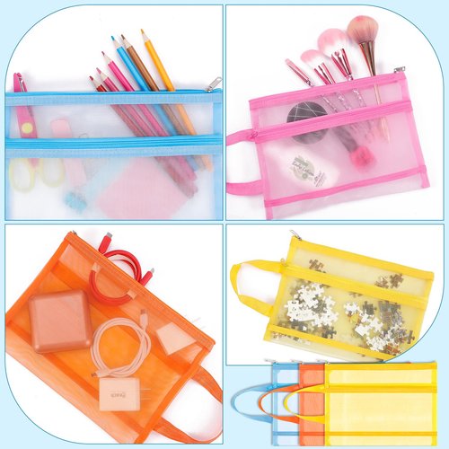 Fassave 6 Pack Mesh Zipper Pouch Bags, Double Layer Nylon Pouch with Handle for Office Travel Organization (Orange, A5)