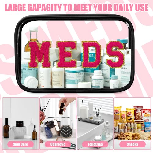 BuyCard Clear Meds Chenille Letter Nylon Makeup Bag - Portable Preppy Patch Cosmetic Toiletry Travel Storage Medicine Bag With Zipper for Women Girls Black