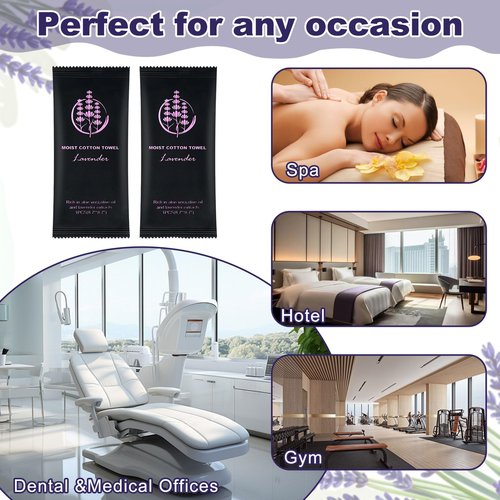 Moist Cotton Towel Bulk Moist Towelettes Individually Wrapped,White Towel Services,Refreshment Pre Moistened Towels for Dentist Travel Sport Party Hotel （Lavender,100)