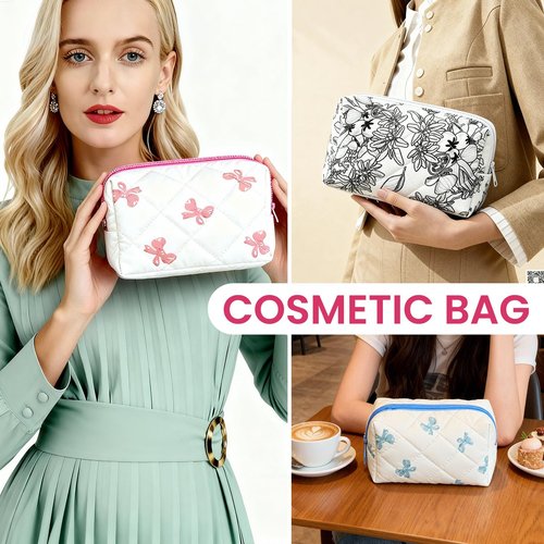 Small Makeup Bag Travel Cosmetic Bag for Women Girls, Zipper Floral Make Up Pouch, Aesthetic Organizer Bag, Quilted Cotton Makeup Bags, Portable Storage Toiletry Cloth Bag(White Pink Butterfly Flower)