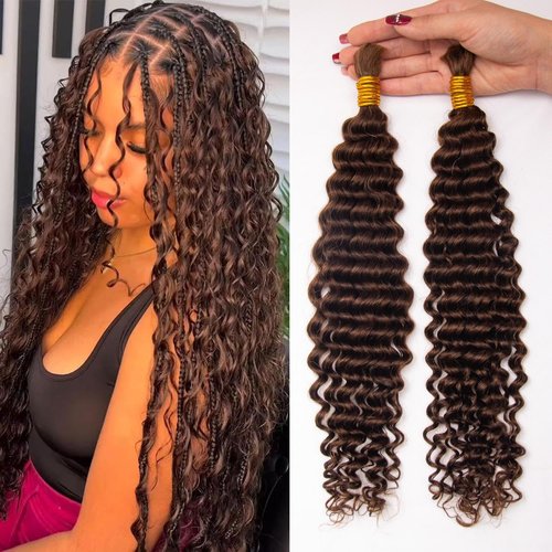 KRN Human Braiding Hair for Boho Braids, 100g/Pack (2 Bundles) Deep Curly Human Hair for Braiding No Weft 12A Grade Brazilian Virgin Hair Boho Braids Color 4# 16Inch