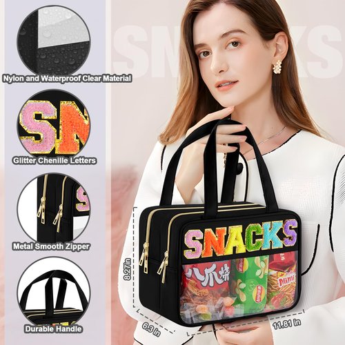 Chenille Letter Clear Makeup Bag, Preppy Clear Snack Bags with Zipper, Stuff Bag Waterproof Sunscreen Bag Travel Toiletry Bag Cosmetic Pouch for Women and Girls (Snacks, Plus Size)