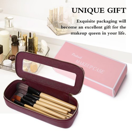 Pinkmik Makeup Brush Case Clear Travel Cosmetic & Toiletry Bag Small Makeup Bag with Zipper Purse Organizer Car Essential Bag for Women (X/Burgundy, SLIM)