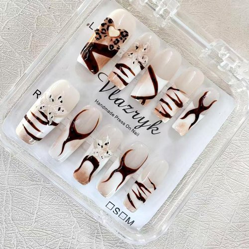 Handmade Press on Nails with Charms - Long Square French False Nails, Stars, Leopard, 3D Flower Embossed Designs for Women & Girls, Nail Kit