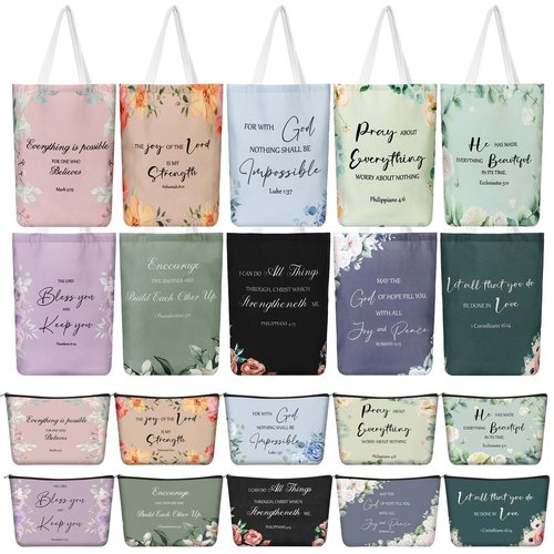 Locmeo 20 Pcs Christian Gift Women Mother's Day Including 10 Bible Verse Tote Bags 10 Christian Makeup Bags Inspirational Religious Scripture Gifts for Church Xmas Valentines(Elegant)