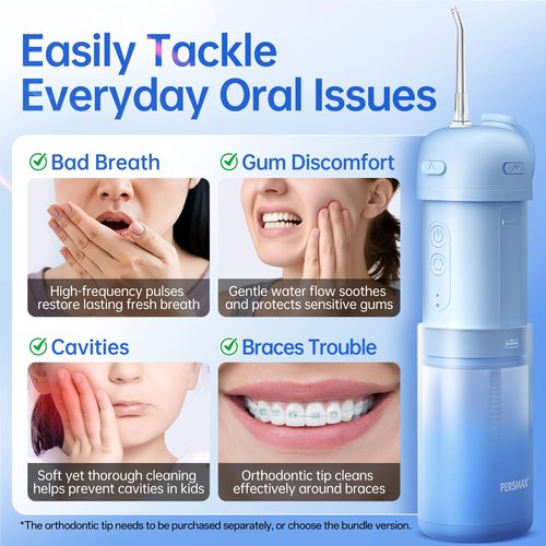 PERSMAX Portable Water Flosser for Teeth Cleaning - Cordless Dental Pick Electric Oral Irrigator for Travel, Kids, with 3 Modes 8 Pressure Settings, 2 Tips, 150ML, Mini Size, IPX7, Gradient Blue
