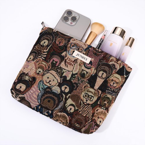 2PCS Makeup Bag Small Cute Cosmetic Bags for Women，Bear Pattern Travel Toiletry Bag for Purse, Large Canvas Cosmetic Pouch Makeup Organizer Tool Pouch with Zipper（Bear Brown）