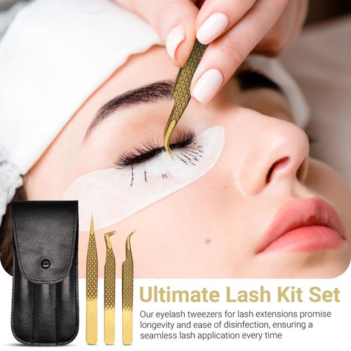 Lash Tweezers for Eyelash Extensions with Diamond Grip, Japanese Stainless Steel, Set of 3 - Great Precision for Classic, Volume & Mega Volume, Premium 45 Degree Curved Set for Women (Gold)