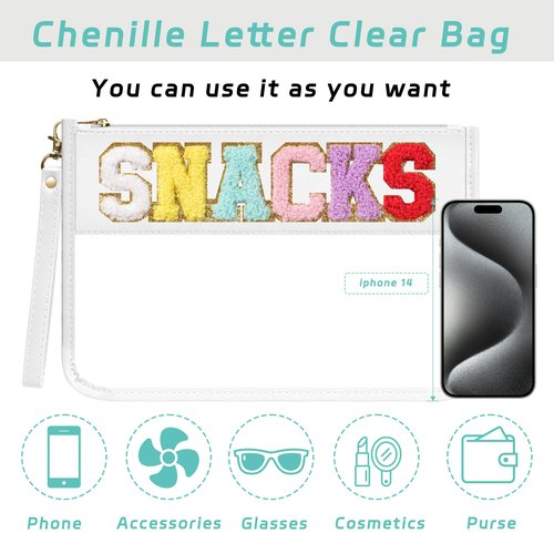 YEMEDA Clear Zipper Pouch PVC Waterproof Nylon Makeup Letter Bag for Women Girls Chenille Letter, for Travel, Cosmetic Bag, Snack Bags, Clear Stuff Bags, For Travel,（White-Snacks）