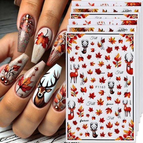 Fall Nail Art Stickers Decals 3D Autumn Maple Leaf Nail Stickers Self-Adhesive Nail Art Supplies 6PCS Autumn Leaves Deer Fall Nails Design Manicure Sliders for Women Thanksgiving Day Nail Decorations