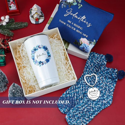 Sieral 3 Pcs Godmother Proposal Gifts Set 20 oz Stainless Steel Tumbler Makeup Bag Keychain from Godchild for Mother Women Birthday Gifts Ideas(Blue Flowers)