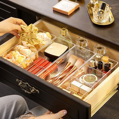 JessLab Acrylic Organizers, Bathroom Organizer for Drawer, 4-Pack Cosmetic Display Cases for Vanity, Countertop, Desk, Kitchen, and Makeup Storage, 1-Section