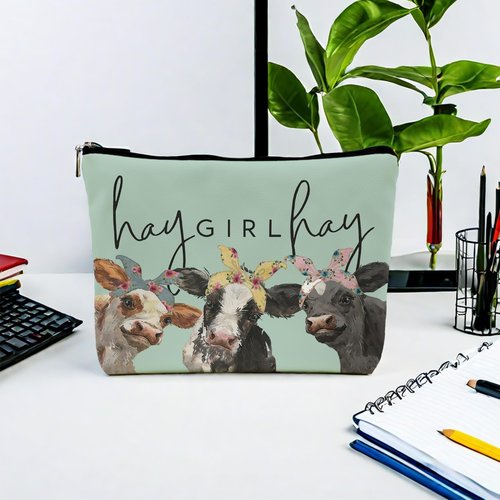 NEGIGA Cow Print Stuff,Cow Makeup Bag,Cow Gifts,Western Makeup Bag,Makeup Bags For Women,Cow Print(Green Pu Leather Cosmetic Bag)