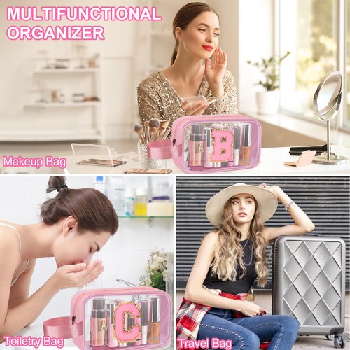 XANGNIER Clear Personalized Makeup Bag Initial Travel Toiletry Bag, 8.8''X2.7''X5.3''Size Pencil Pouch With Zipper and Handle Straps, Pink Gifts For Girlfriend Teacher Mom Brithday Mothers Day,D