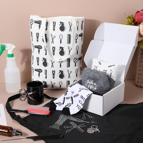 Blosssound 9 Pcs Hairdresser Gifts Set Hair Stylist Gifts with Socks Keychain Scissors Coffee Mug and Apron Makeup Bag Cards Inspirational Graduation Gift Salon Present for Hairdresser