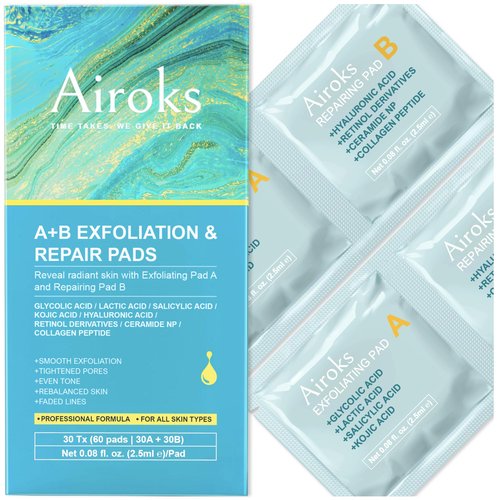 Airoks A+B Exfoliating & Repair Face Pads 30 Tx - 2-Step Acid Peel Serum Treatment with Glycolic, Salicylic, Kojic Acid & Retinol Hyaluronic Peptides for Smooth Skin, Pore Minimizer, Hyperpigmentation