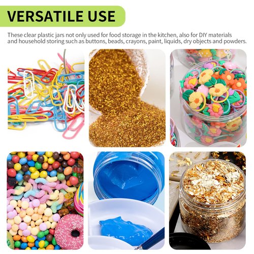 48 Pack 120ml 4 oz Empty Clear Plastic Jars with Black Lids, Refillable Round Containers for Slime,Beauty Products, powder, Cream, Scrubs, Cookie,Dried Fruit. Include 1 Pen and 120 Labels.