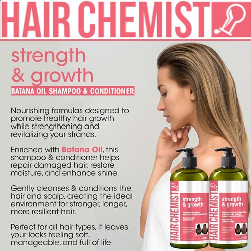 Hair Chemist Strength & Growth Batana Oil Shampoo and Conditioner Set 33.8 oz. (2-PC Set) - Batana Shampoo and Conditioner for Hair Growth, Thickening and Strength