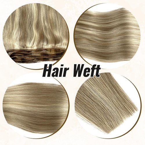 Sew in Hair Extensions Real Human Hair Ash Blonde with Platinum Blonde Highlights Weft Extension Real Remy Color Double Weft Full Head Straight Weaves Hand Tied Extensions for White Women 14 Inch