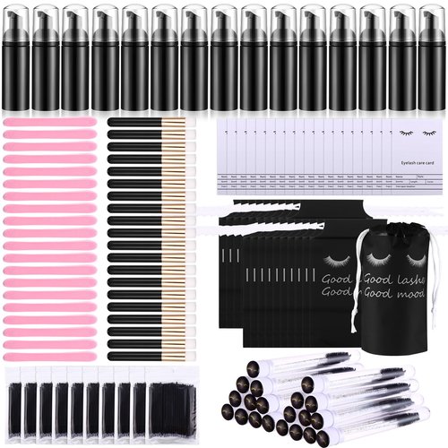 Yaomiao 130 Pcs Lash Shampoo Bottle Brushes Set 20 Foam Pump Dispenser 20 Cleaning Brush 20 Eyelash Extension Spoolies Tube 20 Instructions Cards 20 Aftercare Bags 20 Facial Sponge(Black)