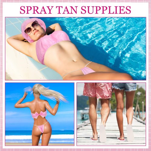 Chicingyou 96 Pcs Spray Tanning Supplies Included Spray Tan Feet Pads Hair Nets Disposable Bra Underwear Caps Kit for Sunless Tan Self Tanning at Home or Salon Accessories (Pink)