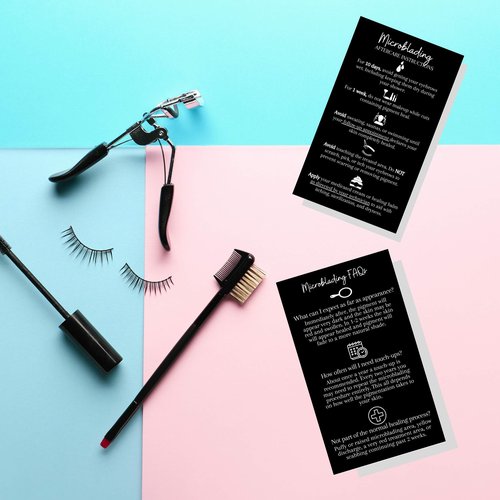 Microblading Aftercare Cards | 50 Pack | Size 3.5 x 2" inches | Disposable FAQ Microblade Printed Certified Recommended Care Instructions | PMU Black with White Icons Design