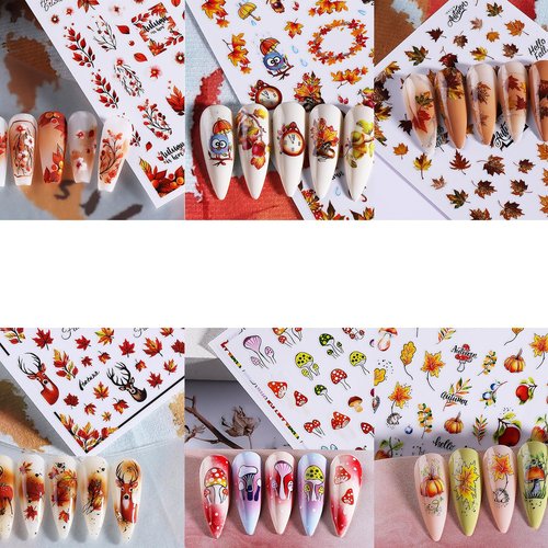 Fall Maple Leaf Nail Art Stickers Autumn Leaves Mushroom Deer Design Self-Adhesive Nail Sticker Fox Pumpkin Wheat Ears Nail Decals for Nails Women Girls Thanksgiving Day DIY Manicure Decor 6 Sheets