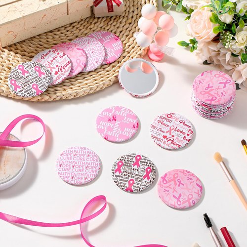 Pinkunn 100 Pcs Breast Cancer Awareness Gifts for Woman Bulk Inspirational Breast Cancer Survivor Gifts Compact Mirrors Pink Ribbon Motivational Mini Pocket Travel Makeup Mirrors (Ribbon)