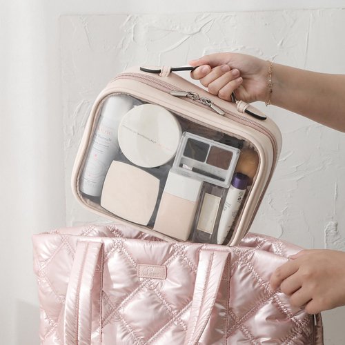 Veki TSA Approved Toiletry Bag Transparent Makeup Bag Double Travel Cosmetic bags Case Waterproof Toiletries Bag Medium Capacity Open Storage bag Organizer for Women and Girls (Medium Pink)