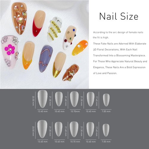 Press on Nails Handmade Almond Medium 3D Flower Design Reusable Fake Nail for Women's 10pcs (Candy Bubble, M)