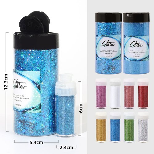 Craft Glitter, 380g Nail Glitter Powder 10 Jars Glitter with Tools,AARDWO Vibrant Multi-Purpose Glitter for Body,Eyeshadow,Cosmetic,Nail Arts,Crafts,Decoration,DIY(Star&Moon Shape, Blue)