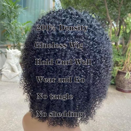 PECWU Afro Kinky Curly Wig Human Hair with Bangs Jerry Curly Human Hair Wig Burmese Curly Afro Kinky-Curly Human Hair Glueless Wear and Go for Black Women 12“