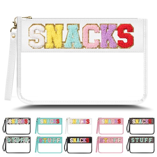 YEMEDA Clear Zipper Pouch PVC Waterproof Nylon Makeup Letter Bag for Women Girls Chenille Letter, for Travel, Cosmetic Bag, Snack Bags, Clear Stuff Bags, For Travel,（White-Snacks）
